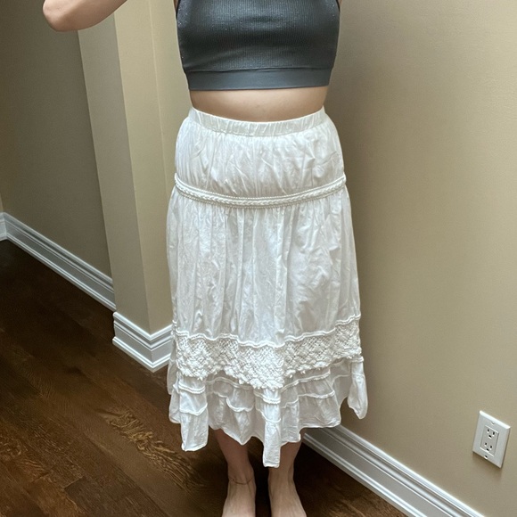 Vintage Bohemian Boho White Midi Peasant Stretchy Flowy Skirt Women’s Size Small - Picture 3 of 15